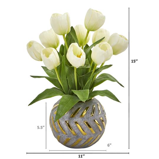 15" White Tulip Arrangement in Decorative Ceramic Vase
